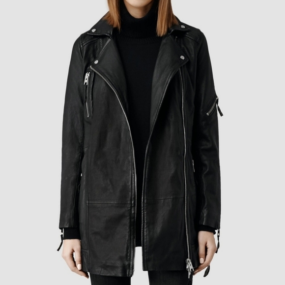 All Saints Asker black leather long moto belted jacket coat 2 rare asymmetrical